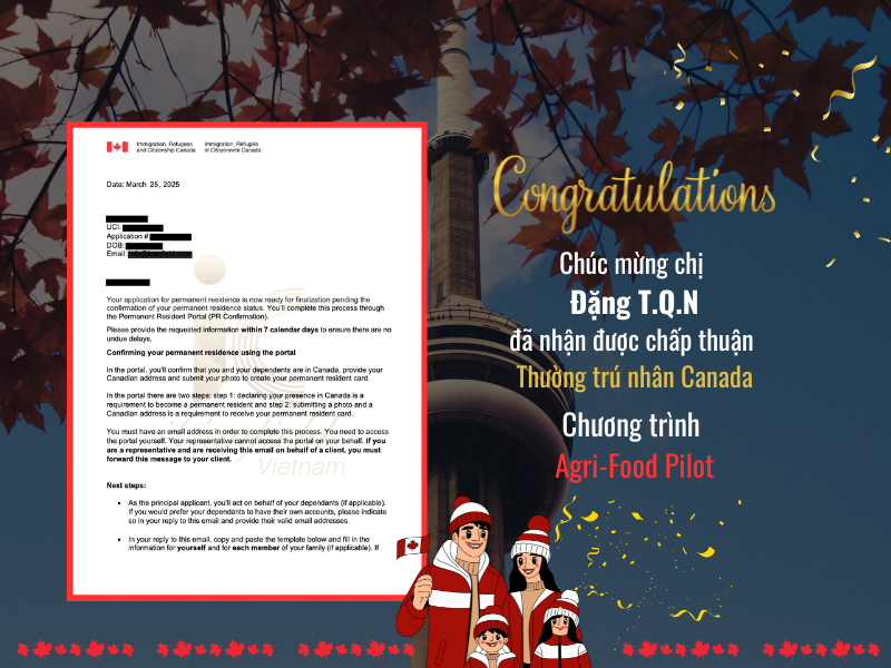 ĐƠN XIN PR CANADA CỦA GIA ĐÌNH CHỊ ĐẶNG T.Q.N ĐÃ ĐƯỢC CHẤP THUẬN